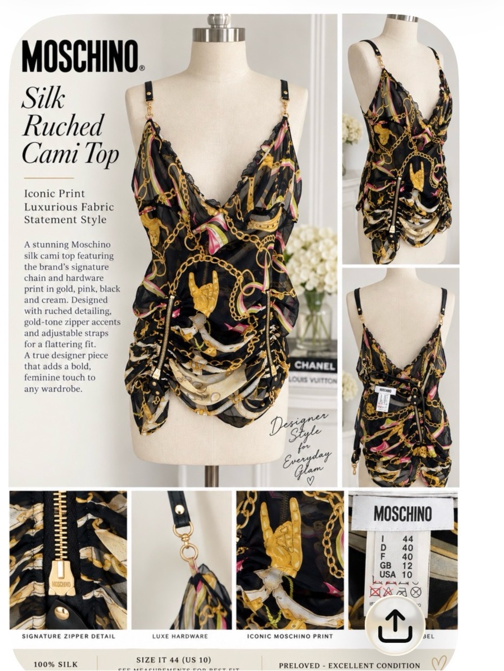 Moschino Black Silk Chain-Print Ruched Cami with Gold & Pink Accents